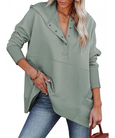 Women Casual Button Hoodies Oversized V Neck Long Sleeve Pullover Sweatshirt Hooded Tops with Pockets Atrovirens $16.38 Hoodi...