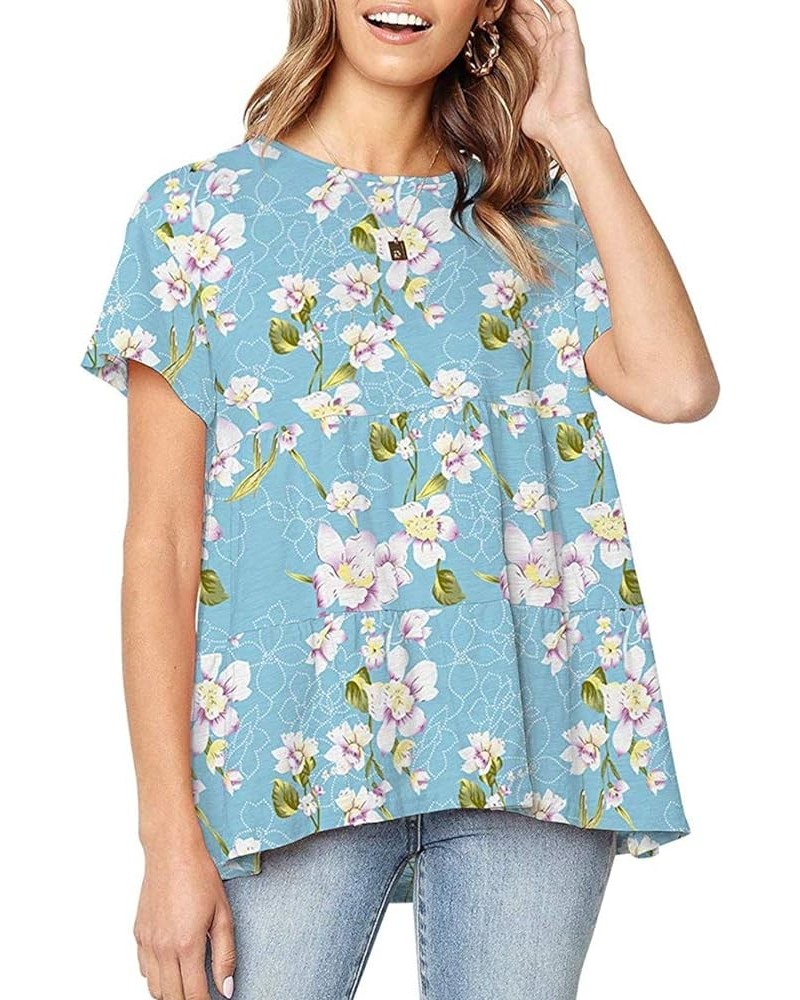 Women's Peplum Tops Summer Short Sleeve Ruffle Loose Shirt Blouse Blue, Floral $13.49 Blouses