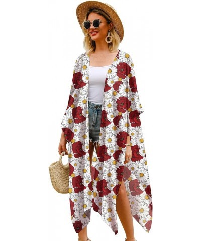 Women's Long Floral Kimono Printed Cardigan Sheer Swimsuit Cover Ups H48 $14.74 Swimsuits