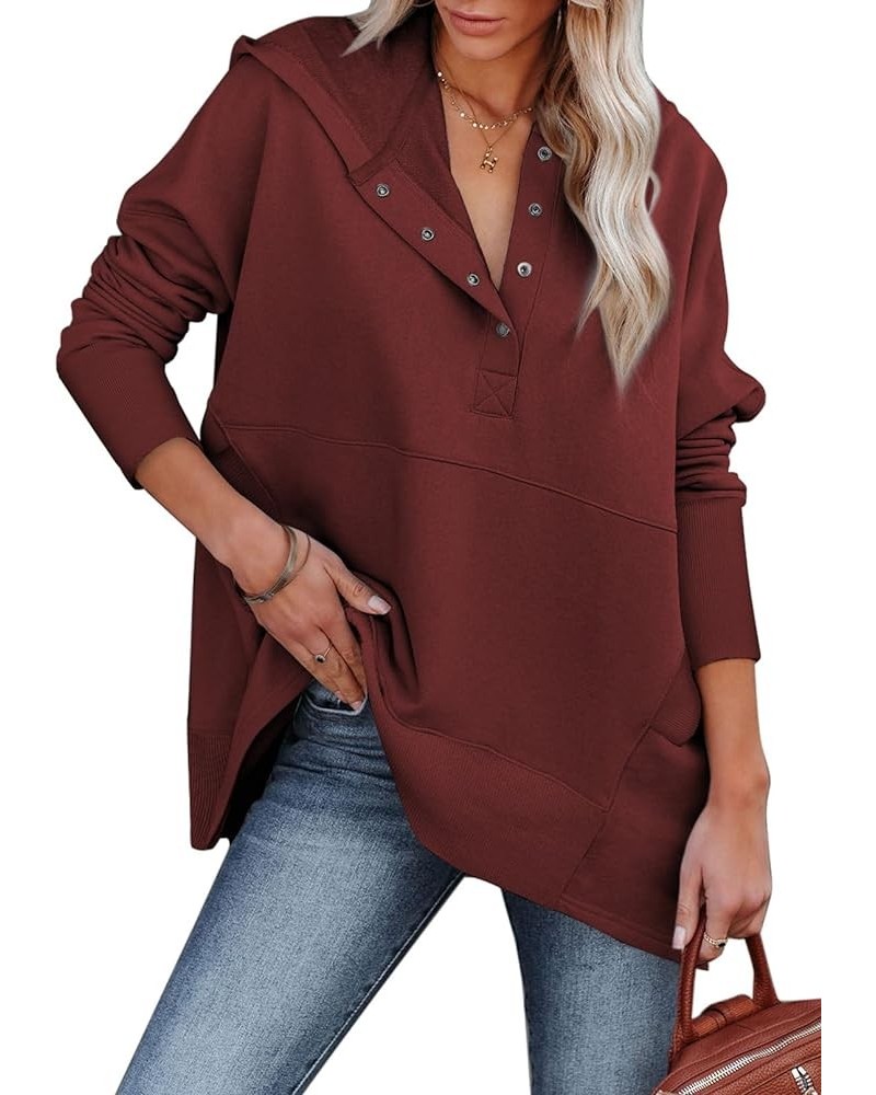 Women Casual Button Hoodies Oversized V Neck Long Sleeve Pullover Sweatshirt Hooded Tops with Pockets Wine $16.38 Hoodies & S...