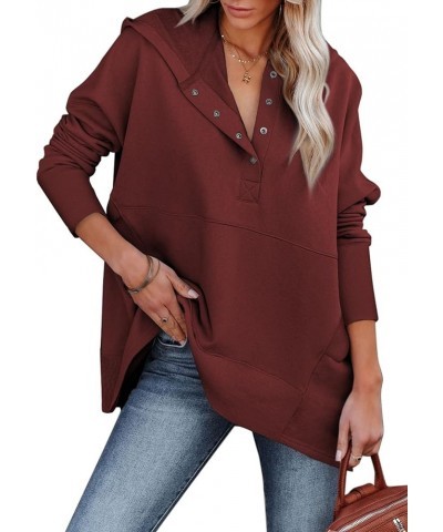 Women Casual Button Hoodies Oversized V Neck Long Sleeve Pullover Sweatshirt Hooded Tops with Pockets Wine $16.38 Hoodies & S...