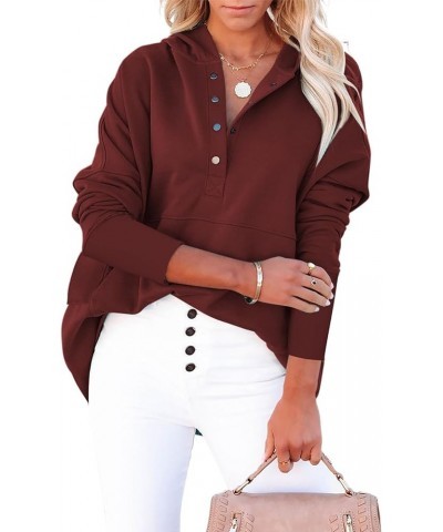 Women Casual Button Hoodies Oversized V Neck Long Sleeve Pullover Sweatshirt Hooded Tops with Pockets Wine $16.38 Hoodies & S...