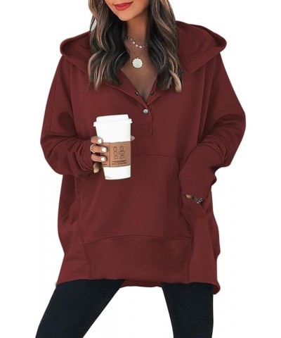 Women Casual Button Hoodies Oversized V Neck Long Sleeve Pullover Sweatshirt Hooded Tops with Pockets Wine $16.38 Hoodies & S...