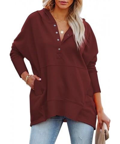 Women Casual Button Hoodies Oversized V Neck Long Sleeve Pullover Sweatshirt Hooded Tops with Pockets Wine $16.38 Hoodies & S...