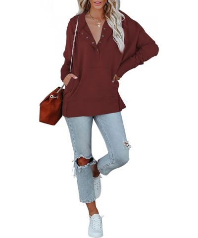 Women Casual Button Hoodies Oversized V Neck Long Sleeve Pullover Sweatshirt Hooded Tops with Pockets Wine $16.38 Hoodies & S...