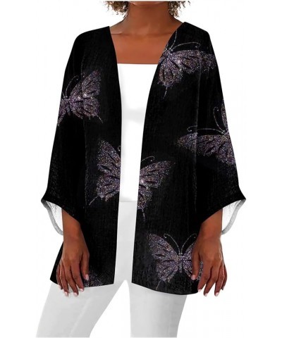 Womens 2024 Summer Floral Printed Cardigan Long Sleeve Kimono Loose Cover Up Casual Blouse Tops Cruise Outfits 12-black $8.85...