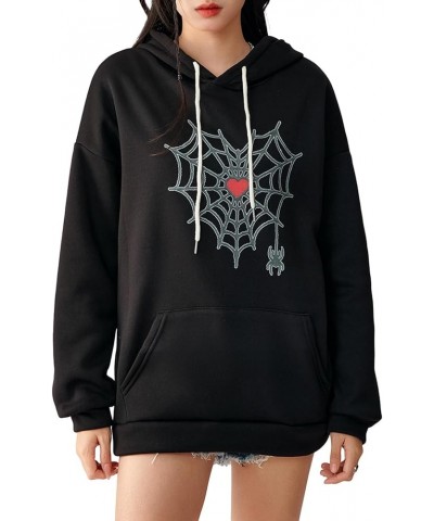 Women Halloween Coat Long Sleeve Hooded Embroidery Cobweb Heart Sweatshirt Pullover Casual Spiderman Sweater Black $11.87 Hoo...