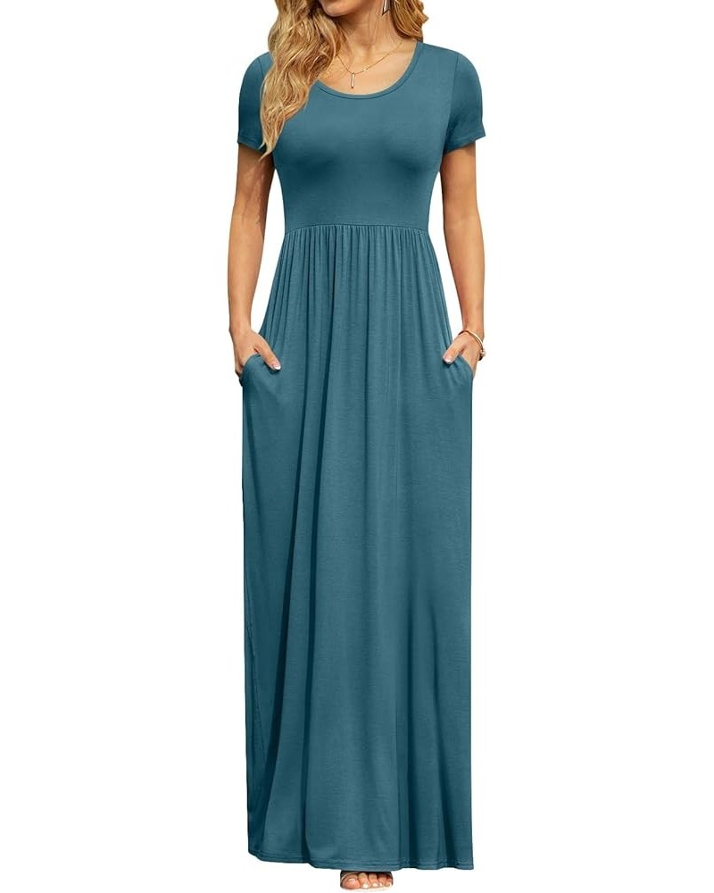 Women's Short Sleeve Maxi Dresses Casual Empire Waist Long Dress with Pockets Turquoise $24.41 Dresses