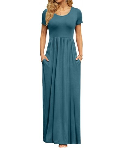 Women's Short Sleeve Maxi Dresses Casual Empire Waist Long Dress with Pockets Turquoise $24.41 Dresses