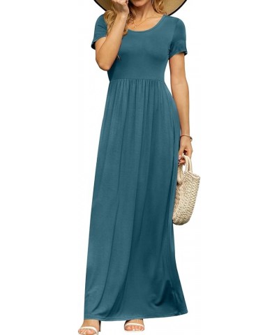 Women's Short Sleeve Maxi Dresses Casual Empire Waist Long Dress with Pockets Turquoise $24.41 Dresses