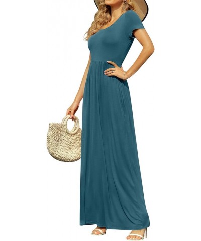 Women's Short Sleeve Maxi Dresses Casual Empire Waist Long Dress with Pockets Turquoise $24.41 Dresses