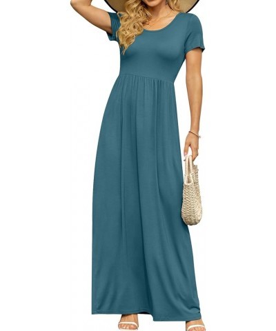 Women's Short Sleeve Maxi Dresses Casual Empire Waist Long Dress with Pockets Turquoise $24.41 Dresses