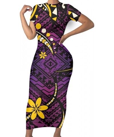 Women's Plus Size American Samoa Hawaiian Polynesian Short Sleeve Bodycon Maxi Dress Purple Polynesian Plumeria Flower $13.99...