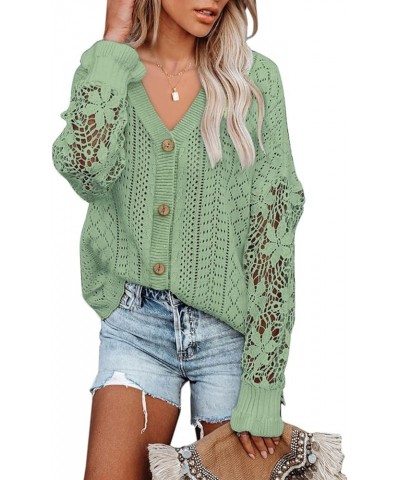 Crochet Lace V Neck Long Sleeve Hollow Out Cable Knit Cardigan for Women Sweaters Tops A Green $26.09 Sweaters