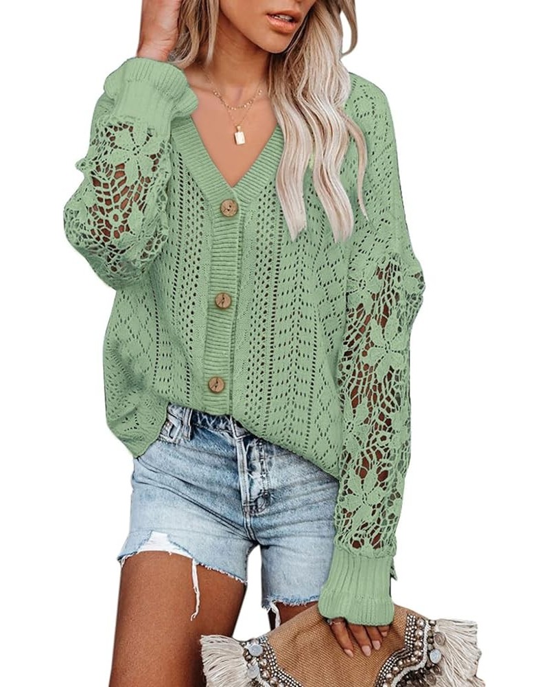 Crochet Lace V Neck Long Sleeve Hollow Out Cable Knit Cardigan for Women Sweaters Tops A Green $26.09 Sweaters