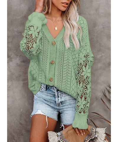 Crochet Lace V Neck Long Sleeve Hollow Out Cable Knit Cardigan for Women Sweaters Tops A Green $26.09 Sweaters