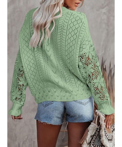 Crochet Lace V Neck Long Sleeve Hollow Out Cable Knit Cardigan for Women Sweaters Tops A Green $26.09 Sweaters