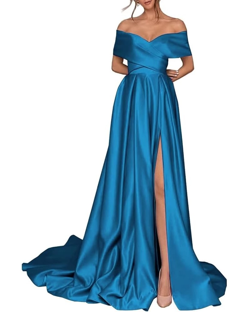 Women's Off Shoulder High Slit Prom Dresses Long Sexy Spaghetti Satin Prom Party Gowns Acid Blue $43.68 Dresses