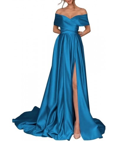 Women's Off Shoulder High Slit Prom Dresses Long Sexy Spaghetti Satin Prom Party Gowns Acid Blue $43.68 Dresses