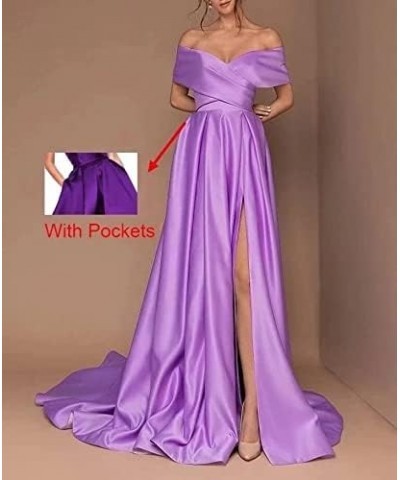 Women's Off Shoulder High Slit Prom Dresses Long Sexy Spaghetti Satin Prom Party Gowns Acid Blue $43.68 Dresses