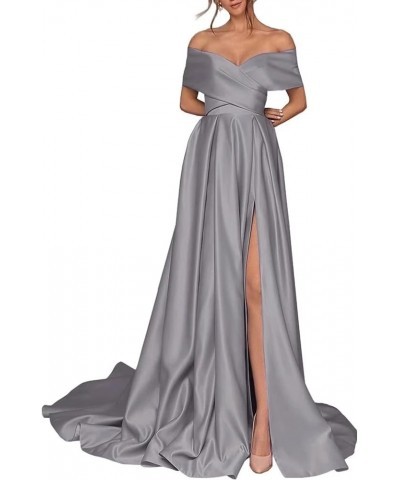 Women's Off Shoulder High Slit Prom Dresses Long Sexy Spaghetti Satin Prom Party Gowns Acid Blue $43.68 Dresses