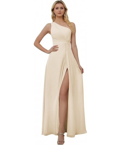 One Shoulder Bridesmaid Dresses for Women A Line High Slit Pleated Flowy Chiffon Formal Evening Gown Champagne $22.50 Dresses