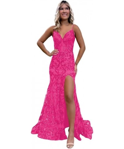 Sparkly Sequin Mermaid Prom Dress Spaghetti Straps Formal Evening Dress with Slit B Hot Pink $27.95 Dresses