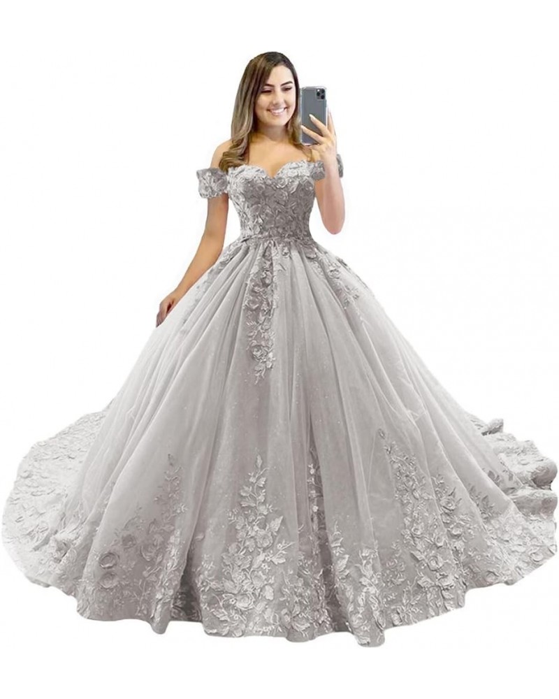 Floral Flower Quinceanera Dresses Lace Princess Ball Gown Puffy Sparkly Tulle Sweet 16 Dresses for Birthday Party Silver $55....