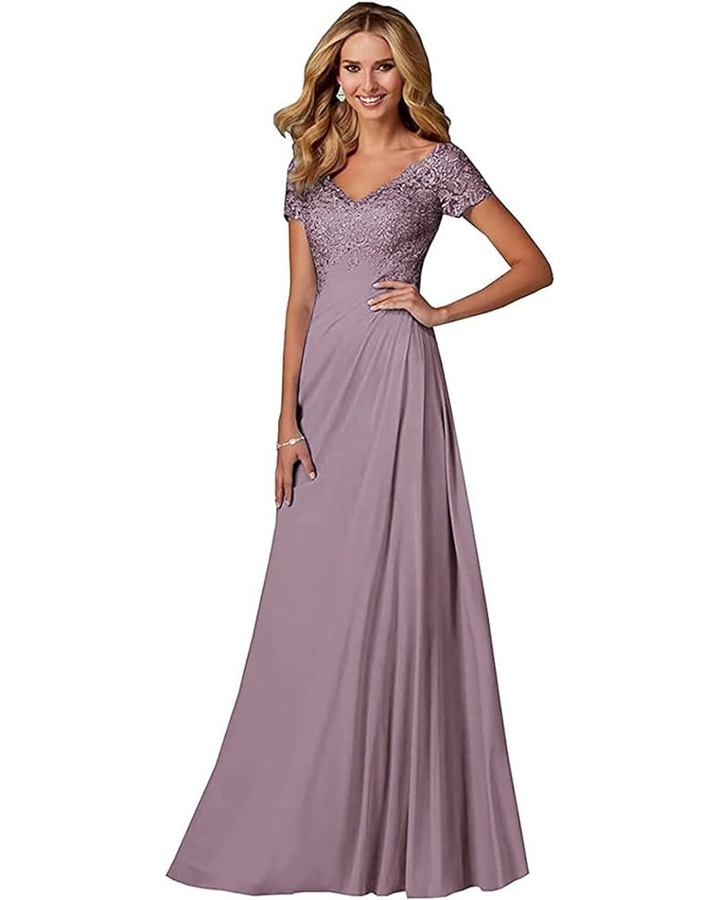 Chiffon Mother of The Bride Dresses Long Lace Appliques V-Neck Pleat Mother Bride Dresses for Wedding with Sleeves Wisteria $...