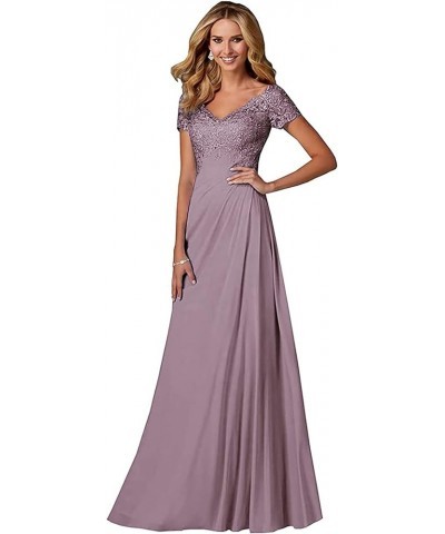 Chiffon Mother of The Bride Dresses Long Lace Appliques V-Neck Pleat Mother Bride Dresses for Wedding with Sleeves Wisteria $...