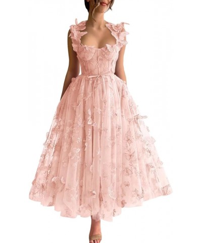 Tulle Tea Length Prom Dresses for Teens 3D Butterfly Lace Applique A Line Formal Evening Party Gown for Women Blush Pink $25....