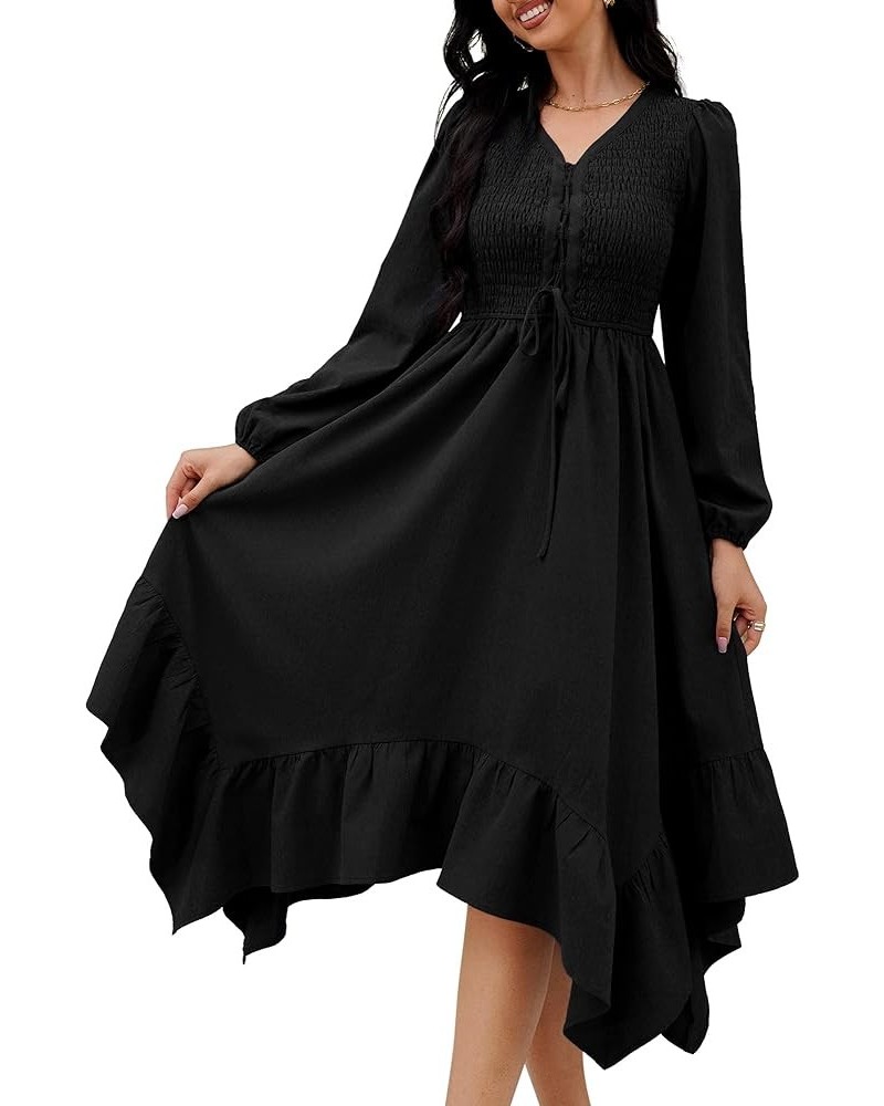 Women's Elegant Mesh Work Dress with Swiss Dot Contrast, Long Bishop Sleeves, V-Neckline, and Bodycon Fit H-black $13.74 Dresses