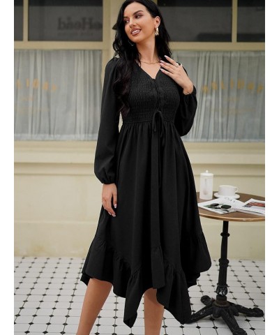 Women's Elegant Mesh Work Dress with Swiss Dot Contrast, Long Bishop Sleeves, V-Neckline, and Bodycon Fit H-black $13.74 Dresses