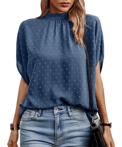 Women's Swiss Dots Tie Back Mock Neck Tunic Tops Dolman Short Sleeve Work Blouse Shirts Blue $10.12 Tops