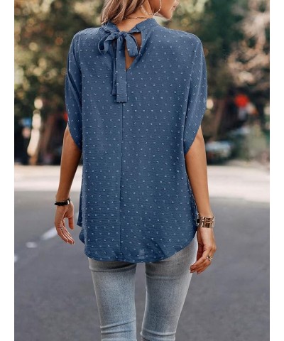 Women's Swiss Dots Tie Back Mock Neck Tunic Tops Dolman Short Sleeve Work Blouse Shirts Blue $10.12 Tops