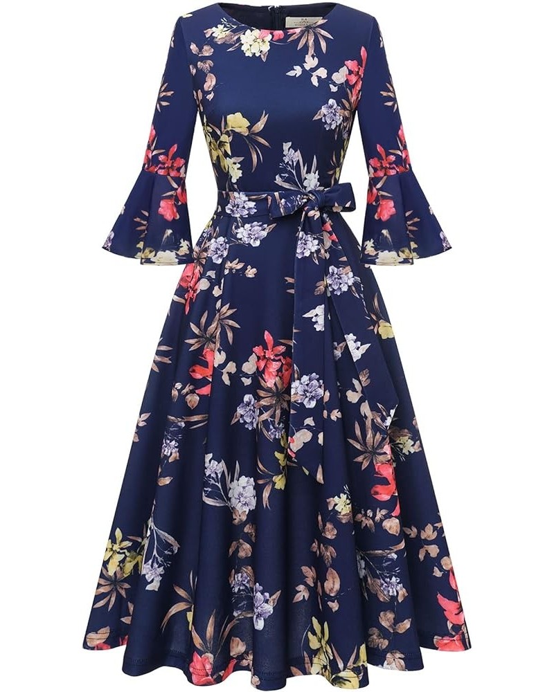 Women's Elegant Bell Sleeve Cocktail Party Dresses for Wedding Guest Fit and Flare Modest Church Midi Evening Dress Navy Flow...