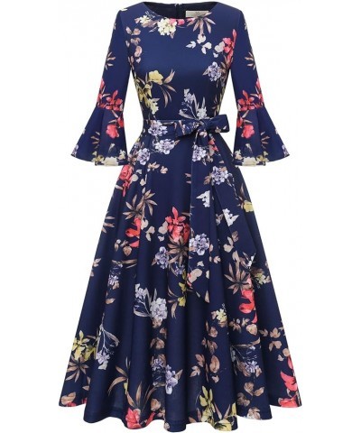 Women's Elegant Bell Sleeve Cocktail Party Dresses for Wedding Guest Fit and Flare Modest Church Midi Evening Dress Navy Flow...