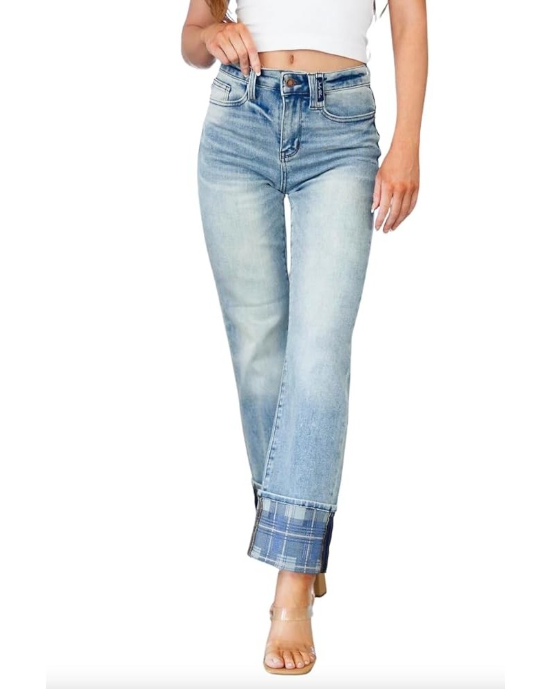 High Rise Plaid Cuff Vintage Straight Jeans Blue $38.98 Jeans