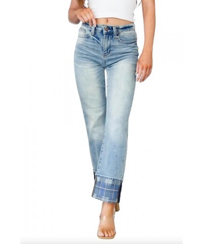 High Rise Plaid Cuff Vintage Straight Jeans Blue $38.98 Jeans