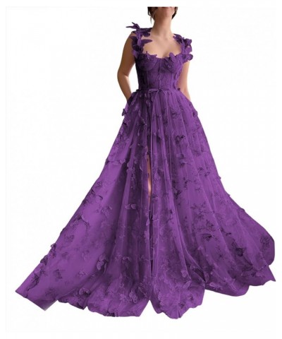 3D Butterflies Tulle Prom Dresses with Slit Sweetheart Formal Evening Dresses with Pockets CYM205 Plum $39.00 Dresses