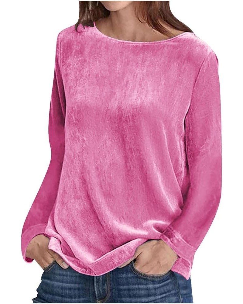 Velvet Tops for Women Long Sleeve Round Neck Shirt Blouse Pullove Solid Casual Tee Shirt Trendy Velvet Tops 012 Pink $9.51 Bl...