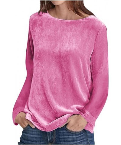 Velvet Tops for Women Long Sleeve Round Neck Shirt Blouse Pullove Solid Casual Tee Shirt Trendy Velvet Tops 012 Pink $9.51 Bl...