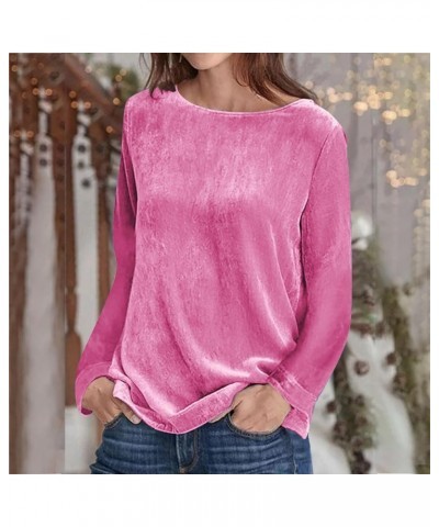 Velvet Tops for Women Long Sleeve Round Neck Shirt Blouse Pullove Solid Casual Tee Shirt Trendy Velvet Tops 012 Pink $9.51 Bl...