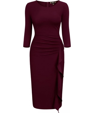 Women's Business Retro Ruffles 2/3 Sleeve Cocktail Pencil Dress B-wine $17.22 Dresses