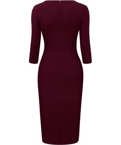 Women's Business Retro Ruffles 2/3 Sleeve Cocktail Pencil Dress B-wine $17.22 Dresses