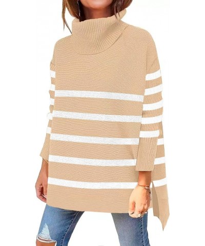 Womens Striped Turtleneck Sweaters Long Sleeve Oversized Split Hem Knitted Pullover Tops Apricto $22.78 Sweaters