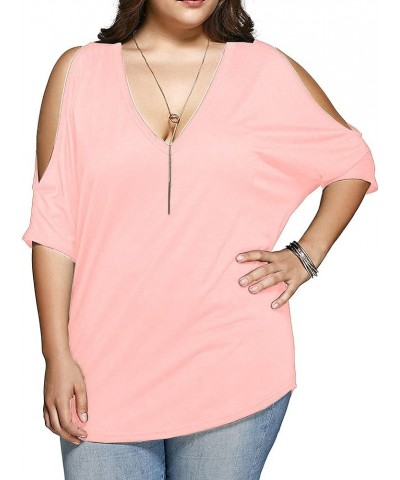 Women Plus Size Tops V Neck Short Sleeve Batwing Top Cold Shoulder T Shirt Light Cherry Blossoms Pink $17.37 Shirts