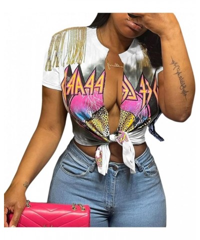 Women Graphic Tees Cut Up Tassel Shirts Fringe Open Front Crop Top Short Sleeve T-Shirt White $10.36 T-Shirts