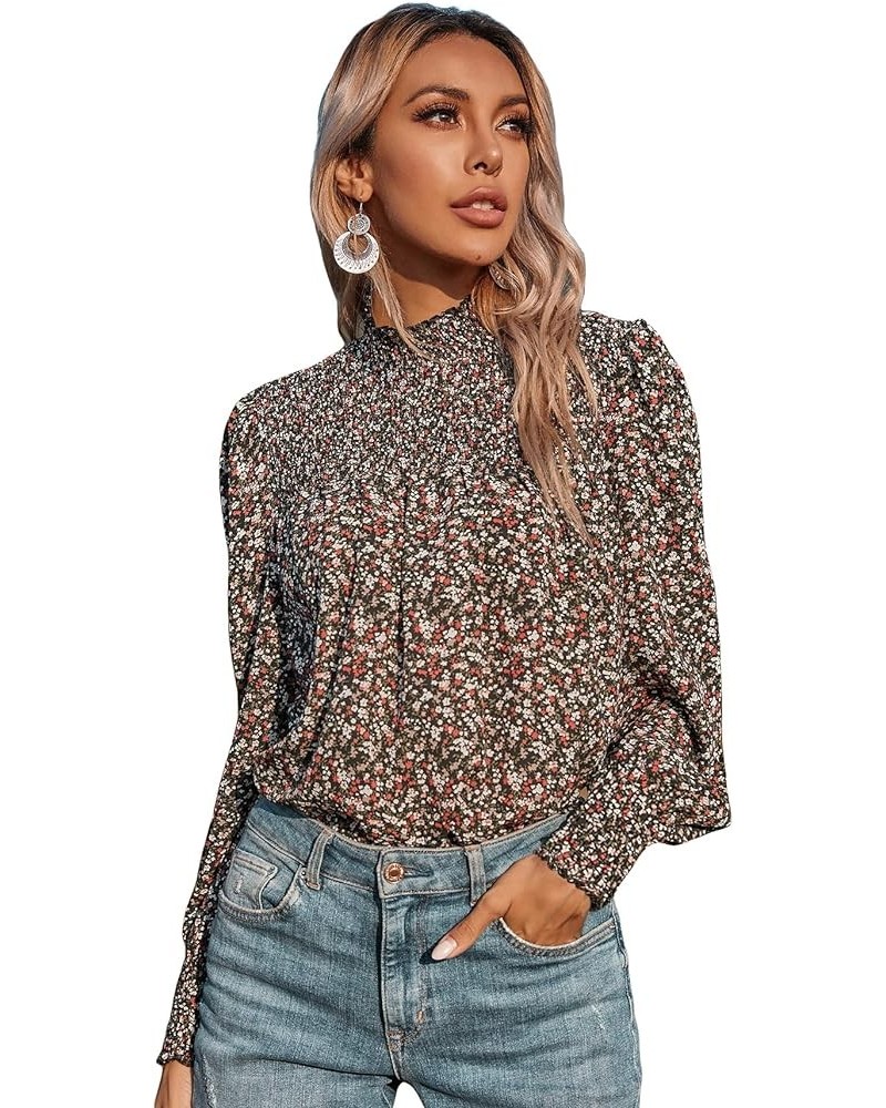 Women's Floral Print Flounce Long Sleeve Mock Neck Work Blouses Tops Black L Black Ditsy Floral $11.25 Blouses