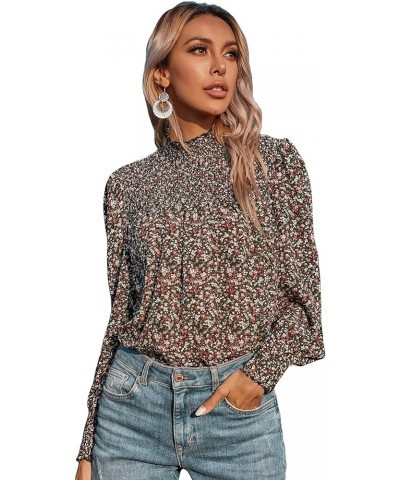 Women's Floral Print Flounce Long Sleeve Mock Neck Work Blouses Tops Black L Black Ditsy Floral $11.25 Blouses